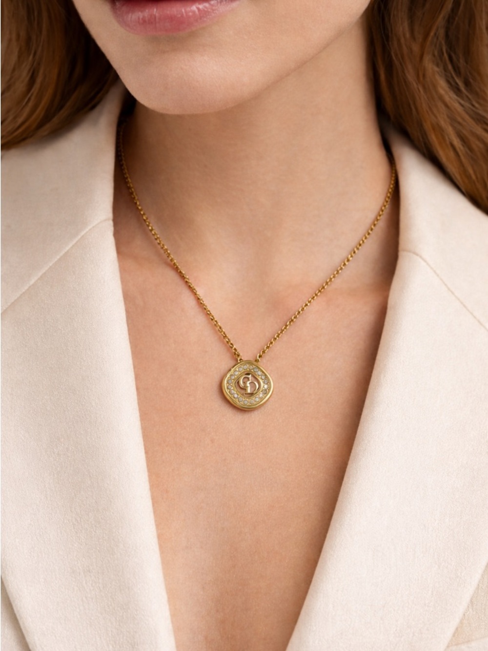 Vintage Signed Christian Dior Gold Rhinestone CD Pendant Necklace